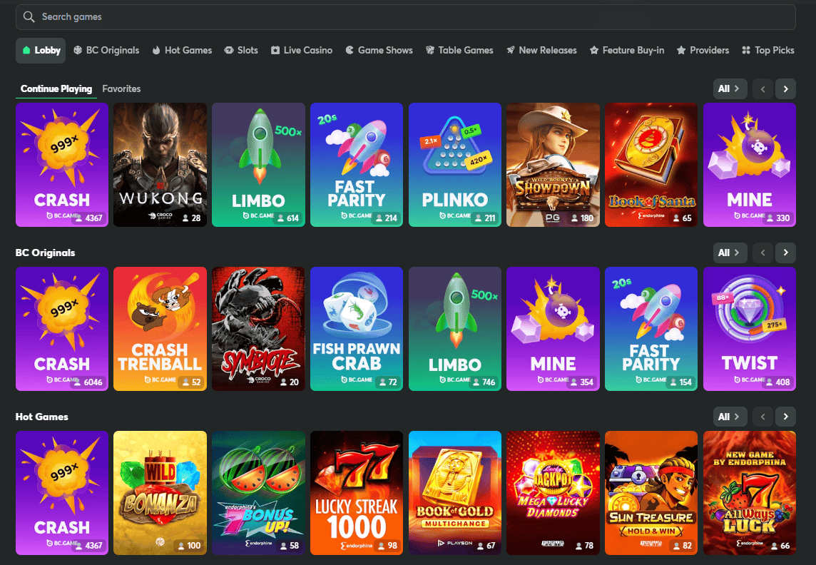 BC.Game Casino Gaming Options
