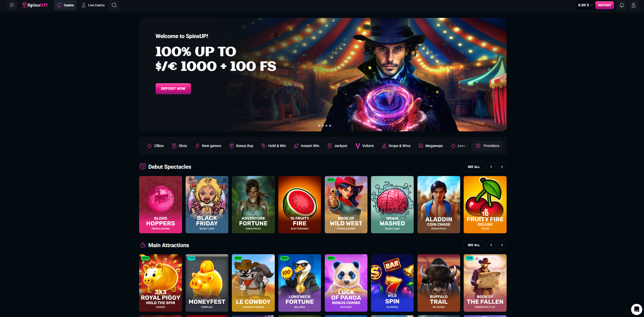 SpinsUp casino homepage
