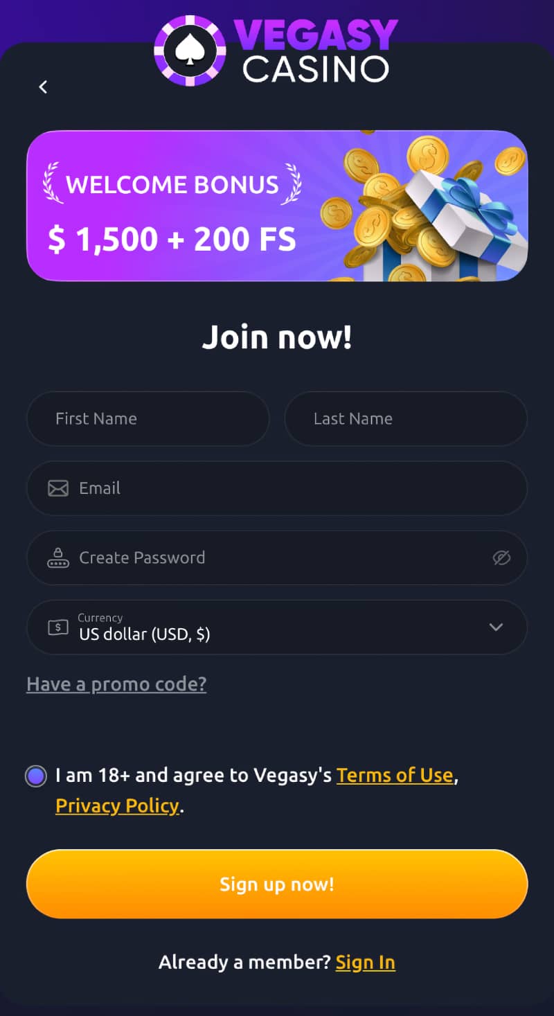 Registration Process at Vegasy Casino