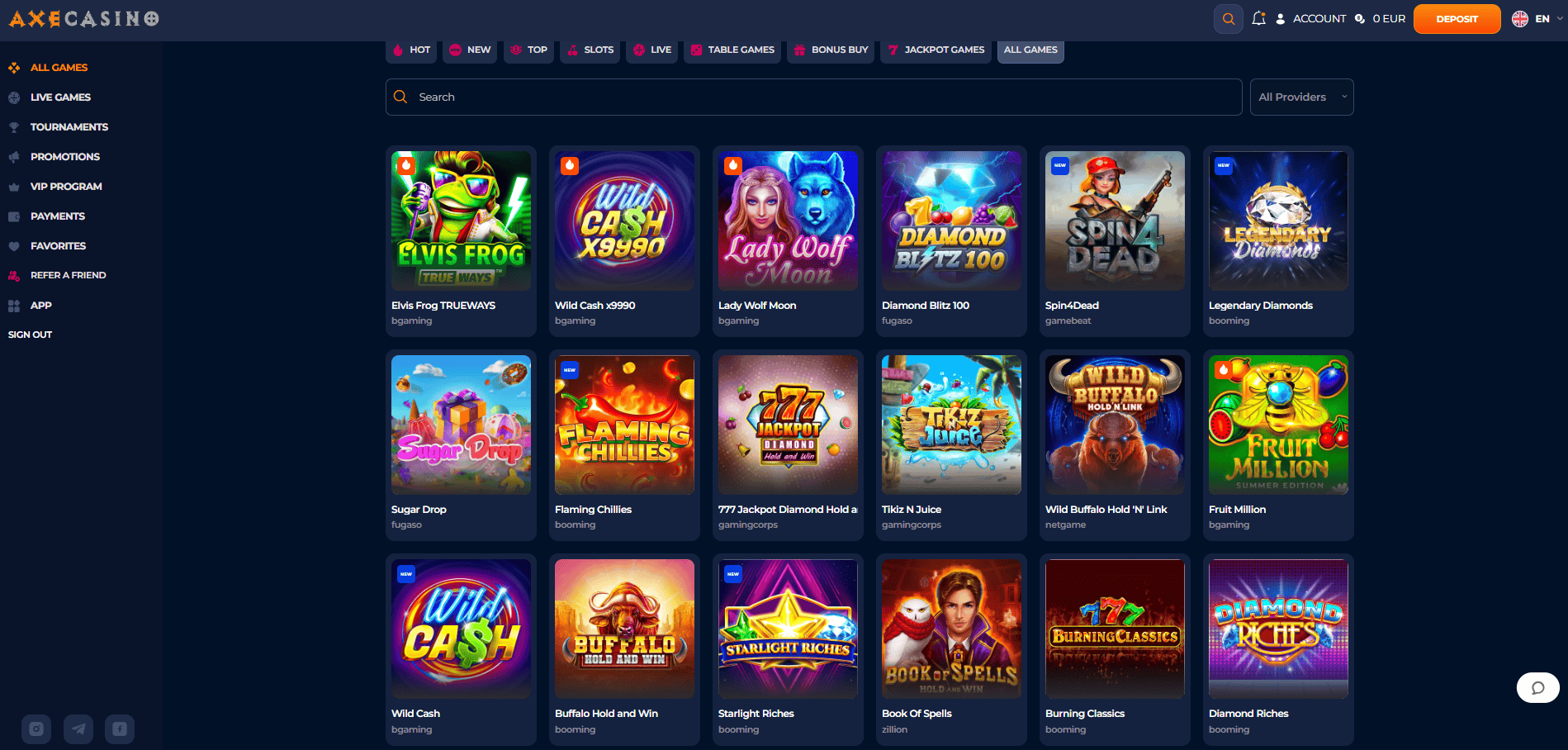 Game Selection at Axe Casino