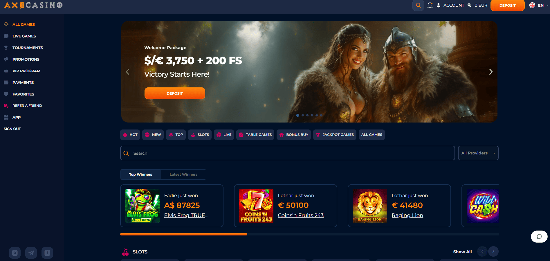 Axe Casino homepage