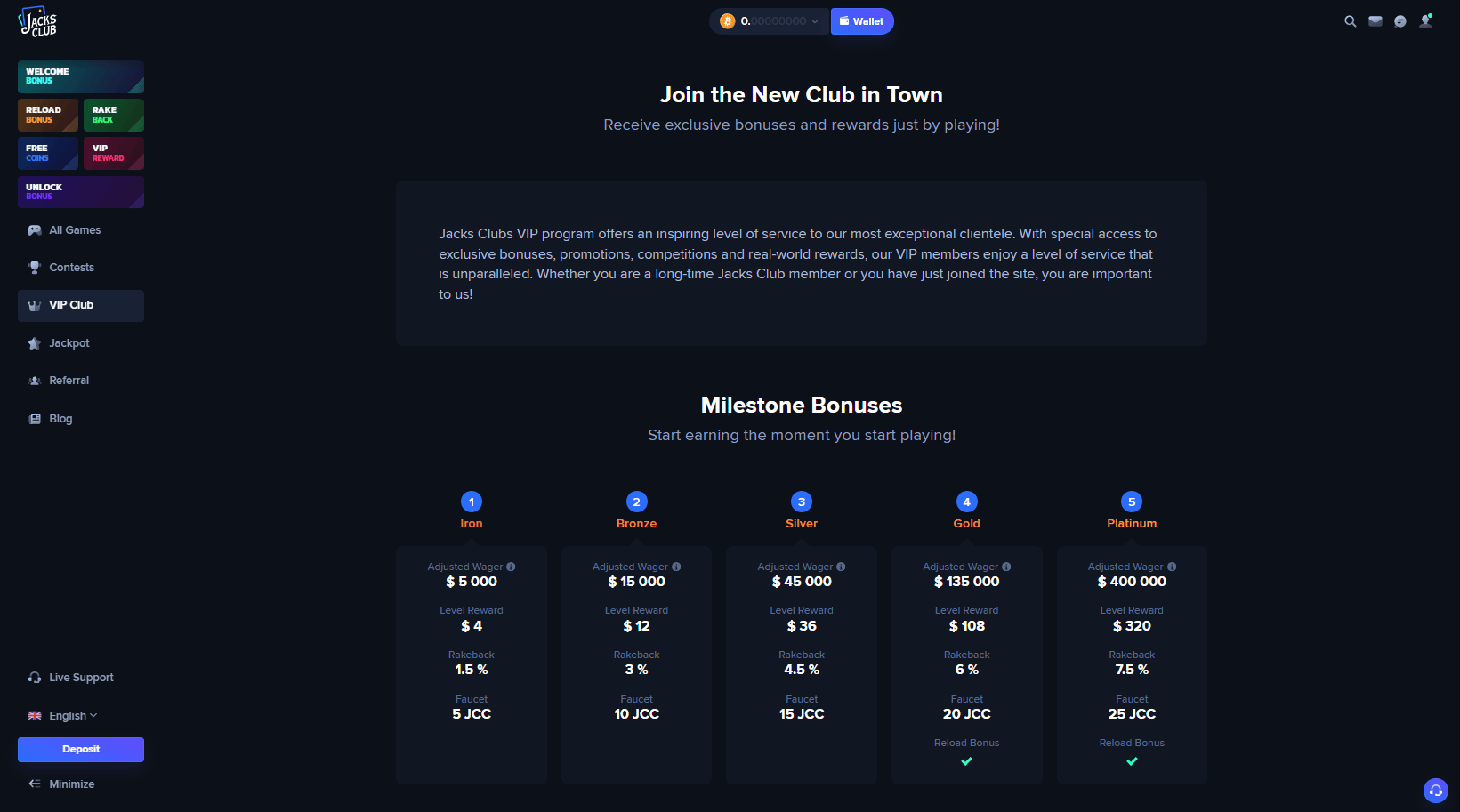 VIP Ranks at Jack's Club Casino