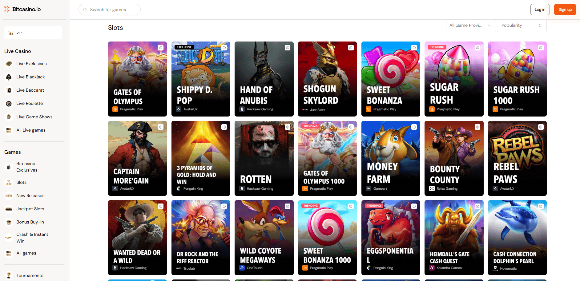 Game Selection at Bitcasino.io Casino