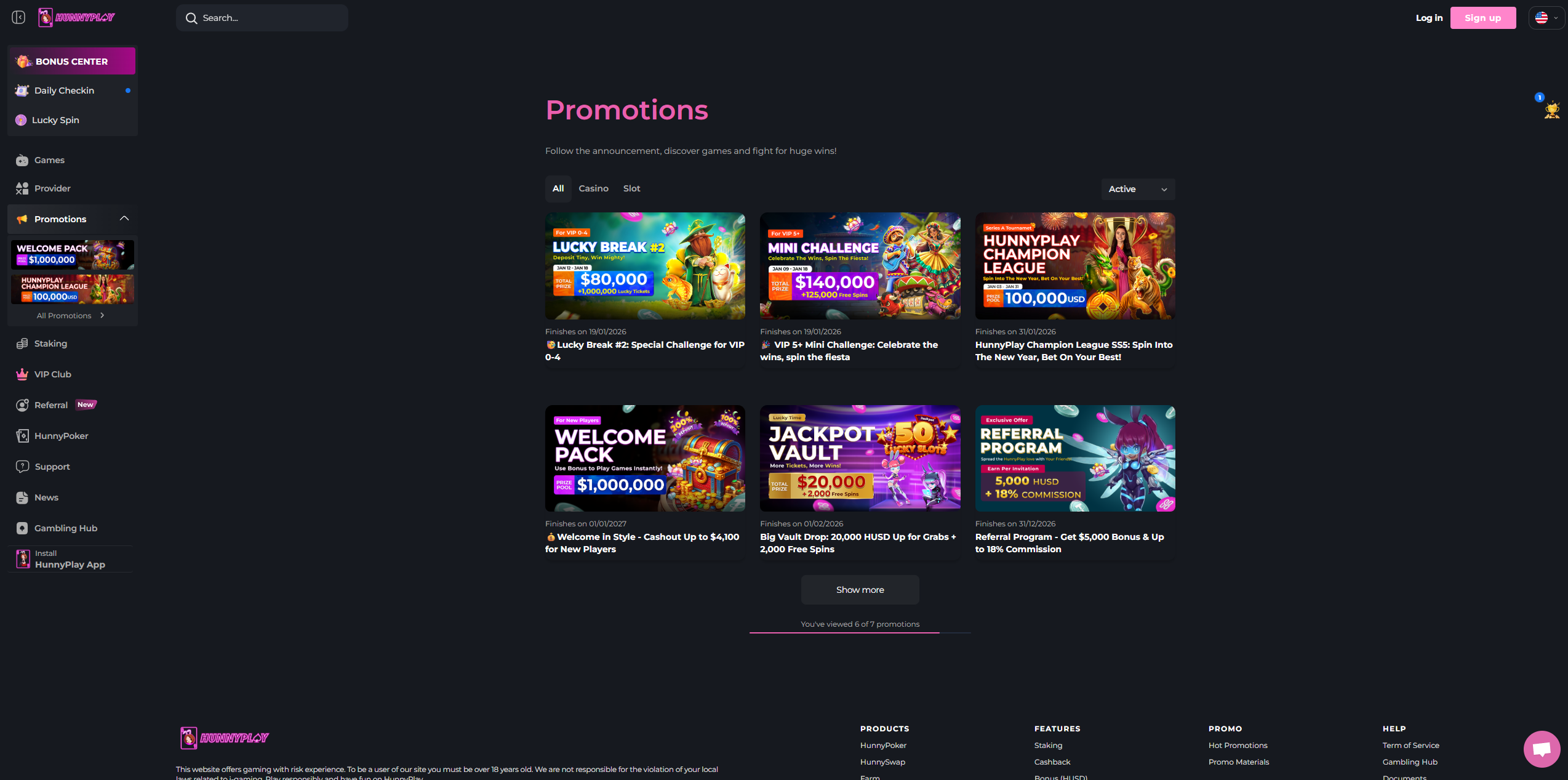 المكافآت والعروض الترويجية في HunnyPlay.io