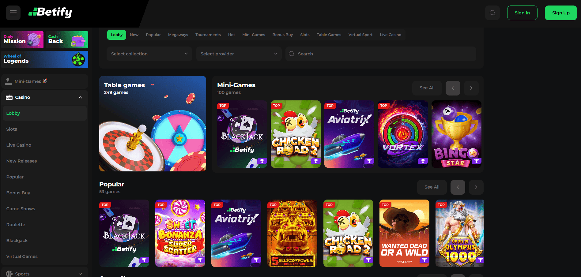 Game Selection at Betify Casino