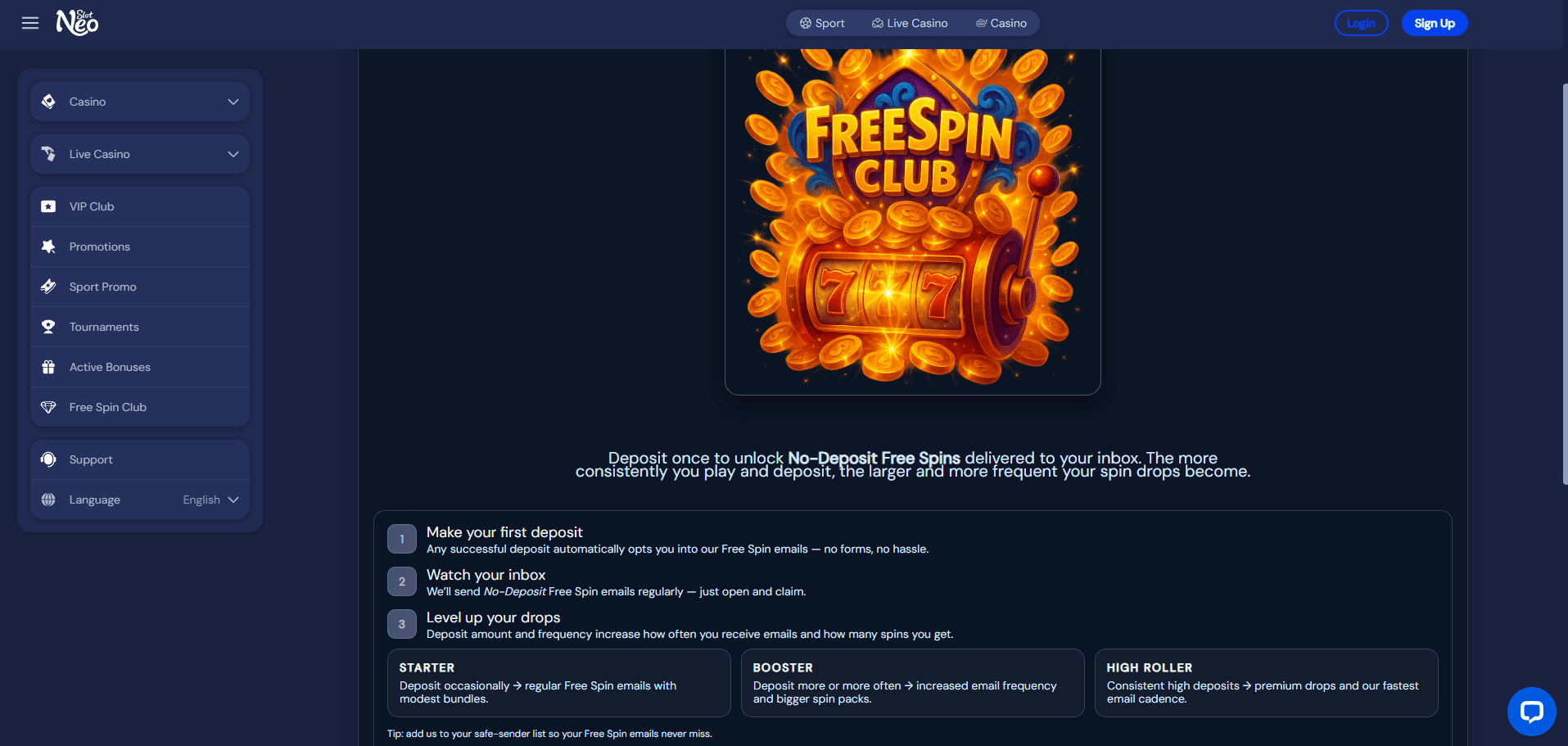 Free Spin Club at SlotNeo