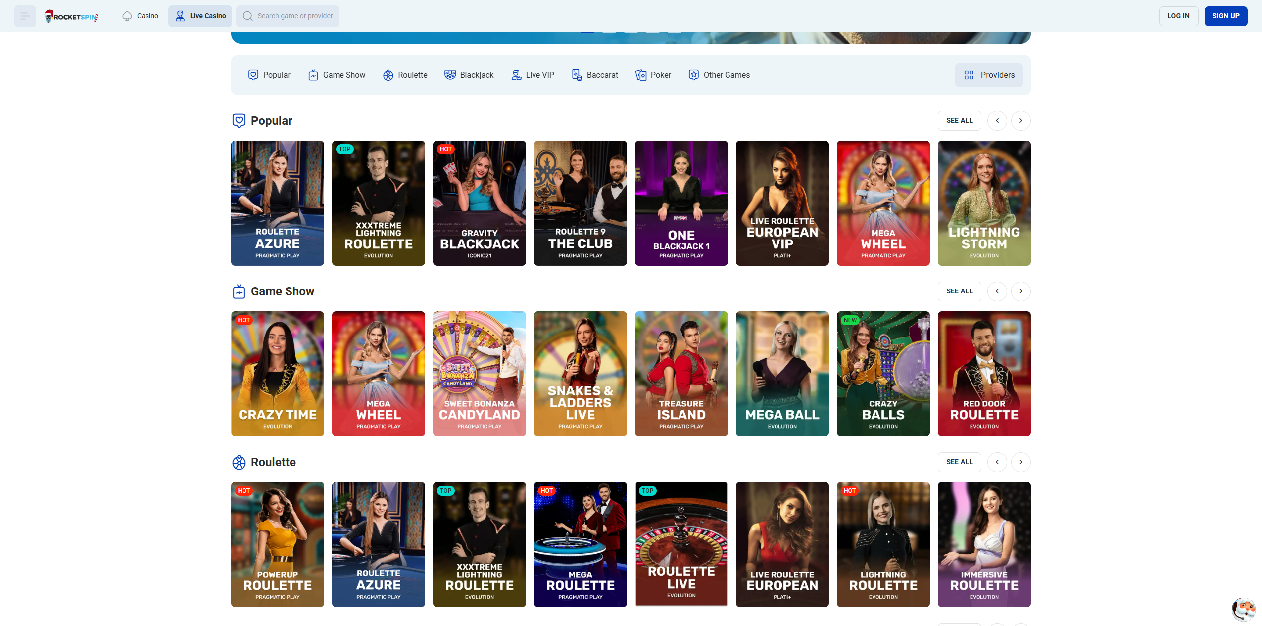 Game Selection at Rocketspin Casino