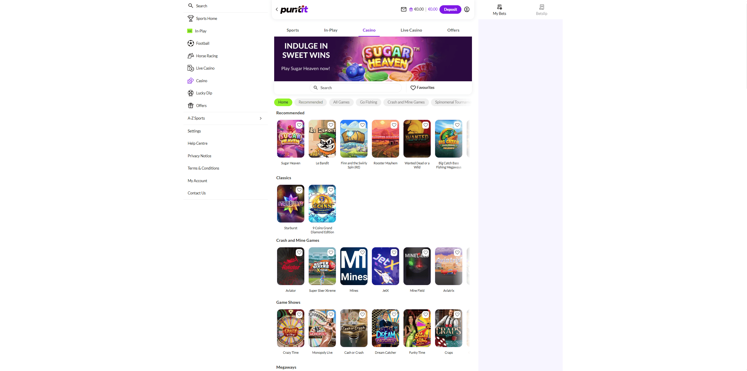 Game Selection at Puntit Casino