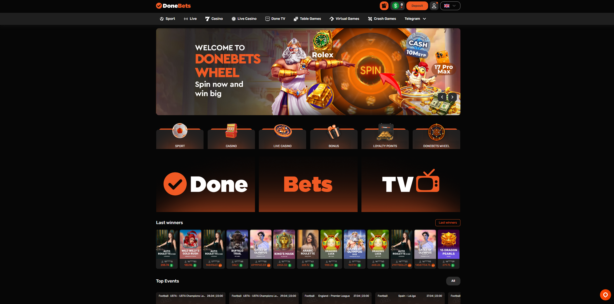 DoneBets casino homepage